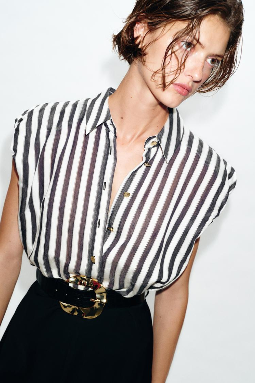 ZARA КОМБИНИРОВАННОЕ ПЛАТЬЕ МИДИ В ПОЛОСКУ С РЕМНЕМ, ЭКРЮ/ЧЕРНЫЙ