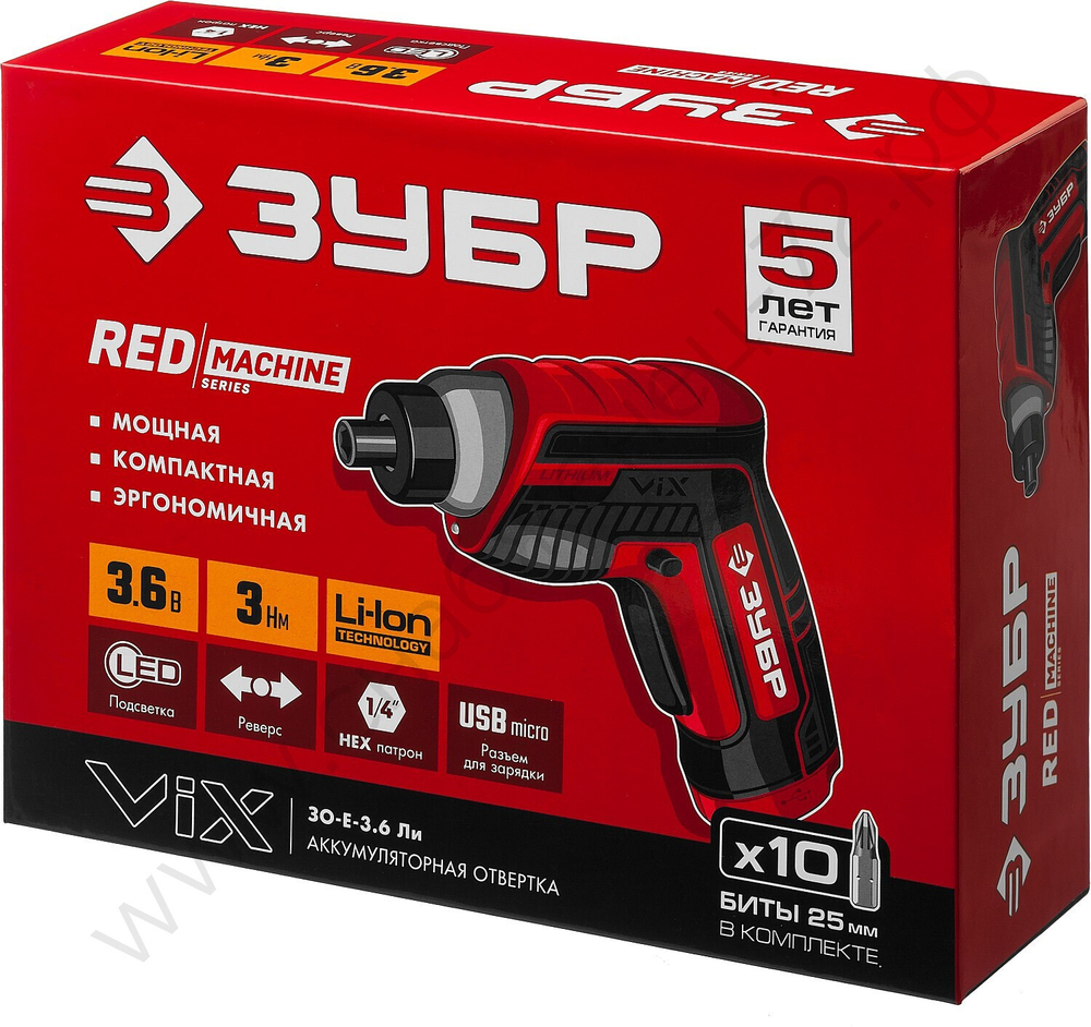 ЗУБР ViX 3.6 В, аккумуляторная отвертка, 10 бит (ЗО-Е-3.6 Ли)