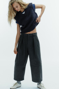 ZARA БРЮКИ BALLOON СО СКЛАДКАМИ, ТЕМНО-СЕРЫЙ