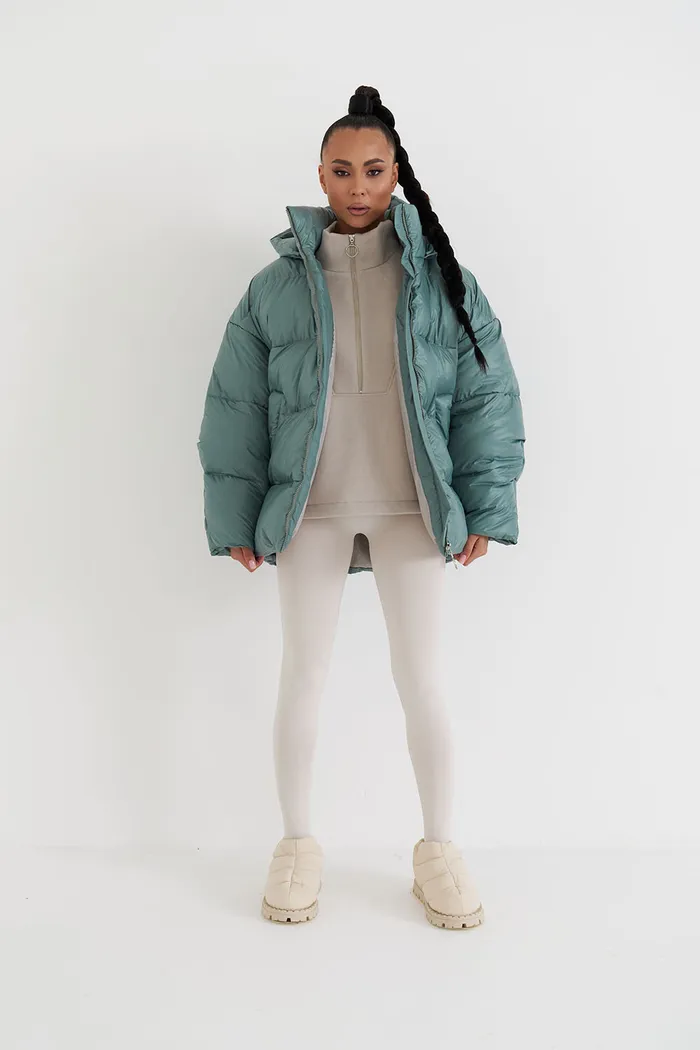 Пуховик средней длины 2.0 цвета зеленый чай