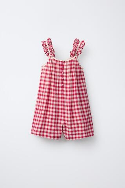 ZARA КОРОТКИЙ КОМБИНЕЗОН В КЛЕТКУ С ВОЛНИСТЫМ КРАЕМ, РОЗОВЫЙ/БЕЛЫЙ