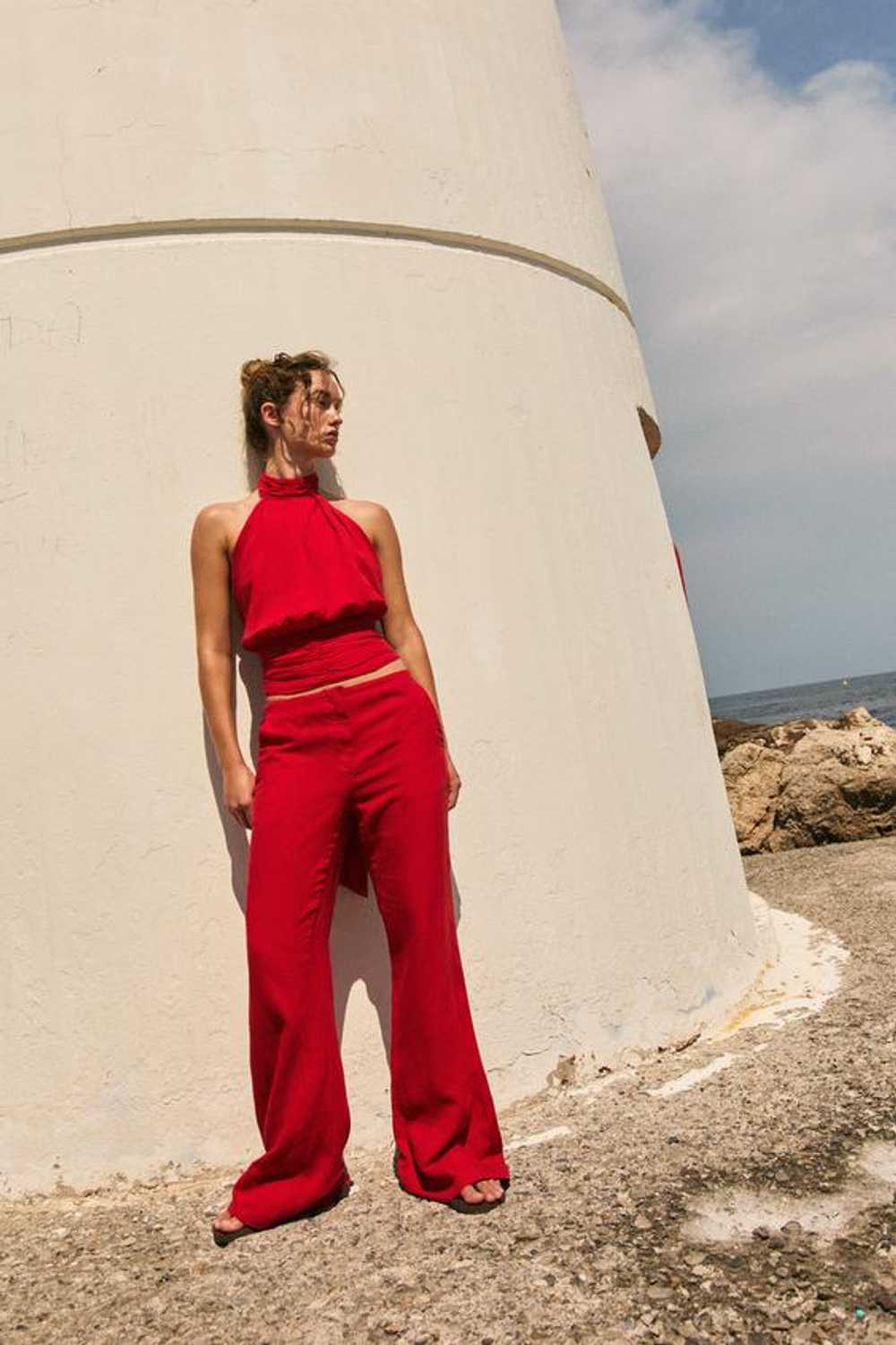 ZARA БРЮКИ ПРЯМОГО КРОЯ ИЗ СМЕСОВОГО ЛЬНА, КРАСНЫЙ
