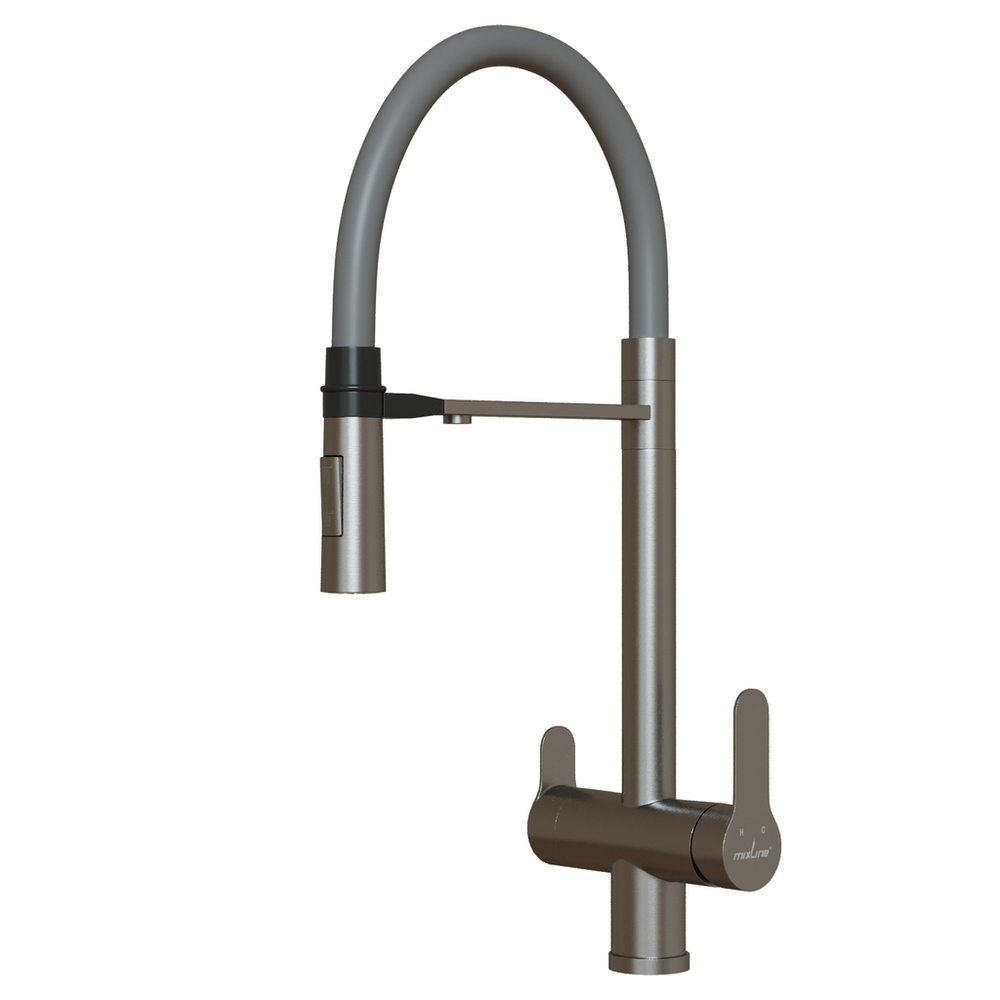 Смеситель для кухни 35k MIXLINE MLSS-0401 серый гиб. излив магнит, подкл.к фильтру, п/гайку САТИН