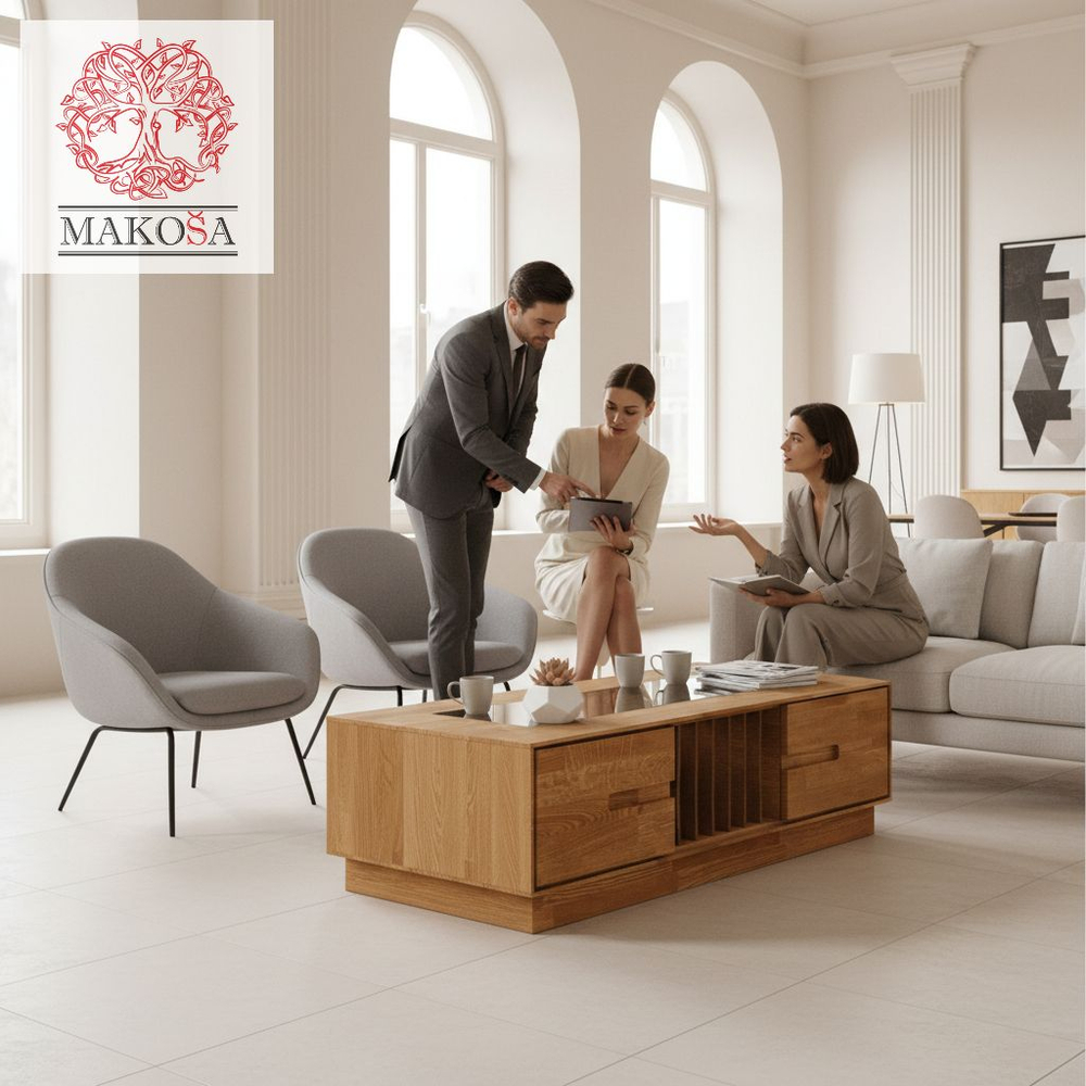 Журнальный столик, 120х60х37, Паво, кофейный стол с местом для хранения и органайзером для газет и журналов, массив дуба, MAKOSA