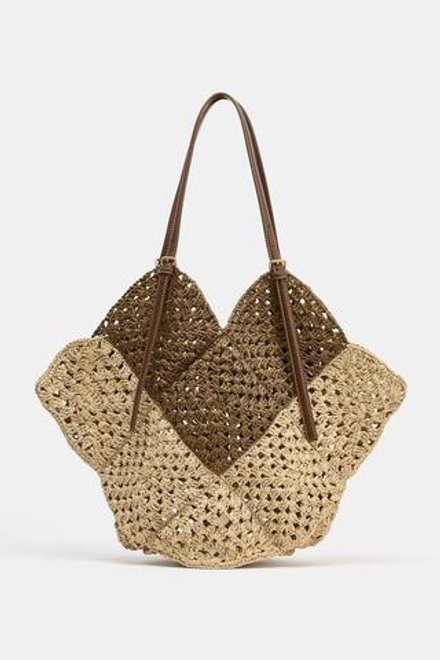 ZARA СУМКА-ШОПЕР С ПЛЕТЕНЫМ КОРПУСОМ, СВЕТЛО-БЕЖЕВЫЙ