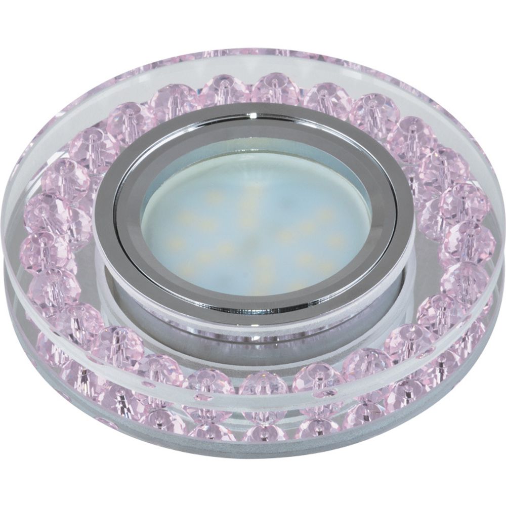 DLS-P102 GU5.3 CHROME/PINK Светильник декоративный встраиваемый. Без лампы. Металл, цвет хром. Отделка прозрачное стекло с элементами розового. ТМ Fam