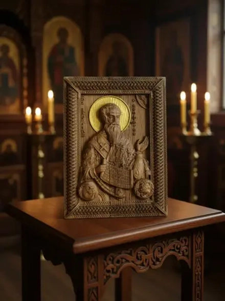 Икона освященная "Игнатий Богоносец",резная из массива дуба