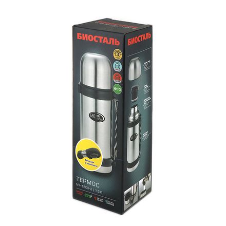 Термос "Биосталь" с узкой горловиной, пробкой с кнопкой и ручкой, 1,5 л