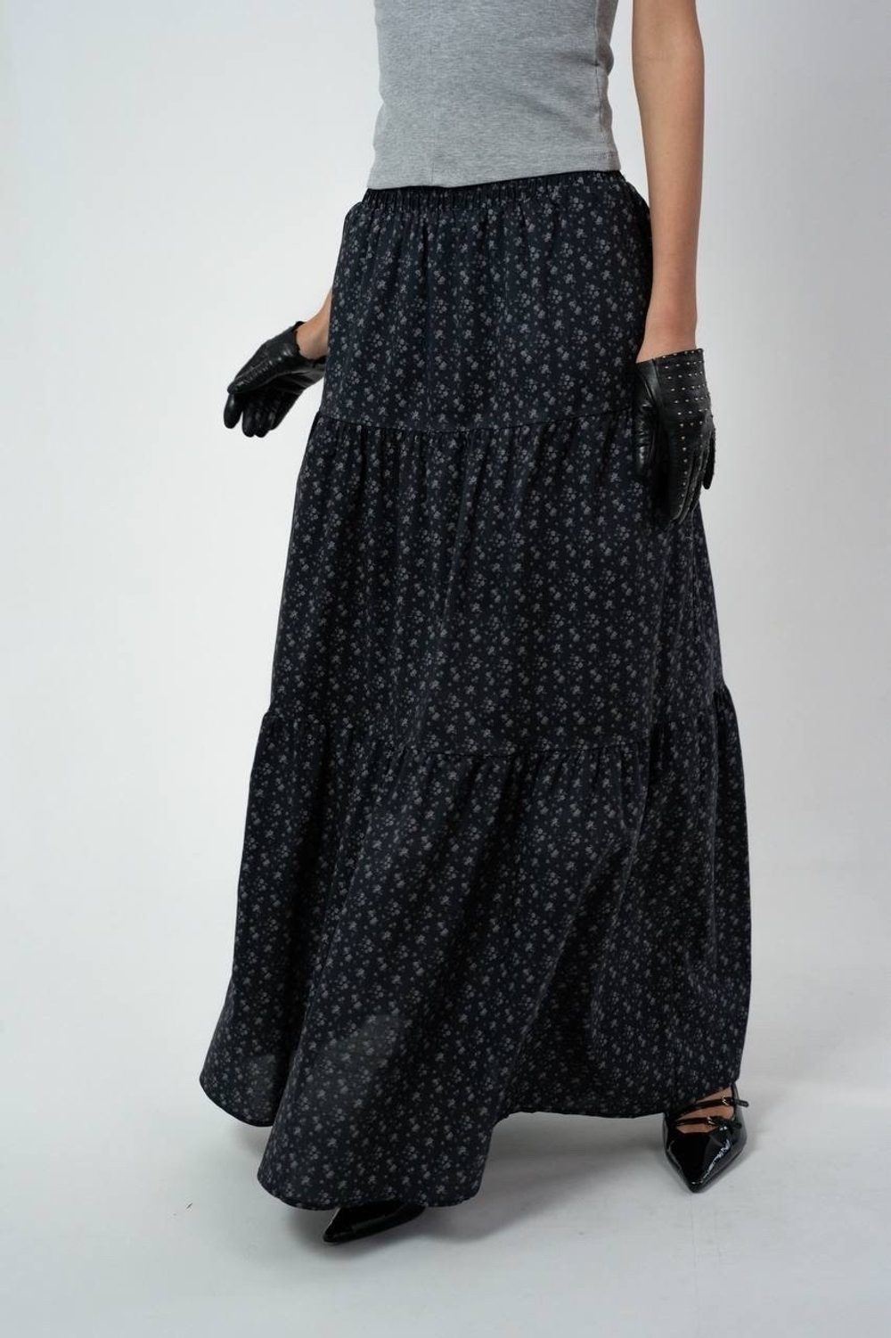 Юбка из хлопка ярусная в мелкий цветочек в макси длине