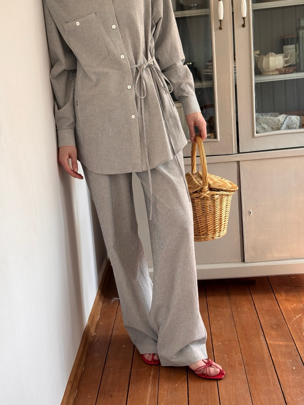 Брюки из вареного хлопка, Синий в полоску