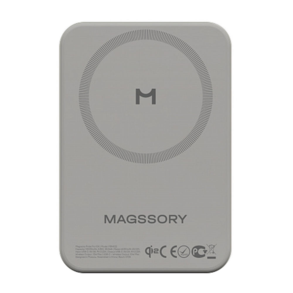 Внешний аккумулятор MagSafe Magssory Pride Pro 10K (Qi2) (10000 мА·ч) Беспроводная зарядка: Qi 15 Вт. Проводная зарядка: USB-C. Сертификация Qi2. Есть LED-индикация, поддержка PD и внешний MagSafe. Энергоёмкость — 38,5 Вт·ч. Максимальная выходная мощность