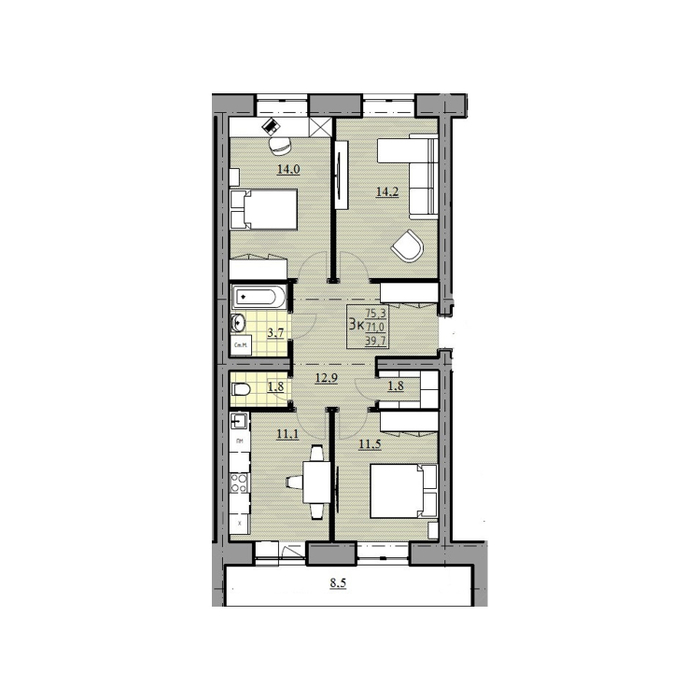 3-комнатная квартира, 71 м² / Чистовая отделка