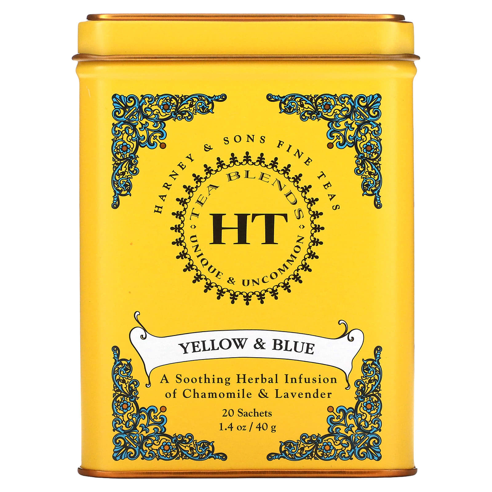 Harney & Sons, HT Tea Blend, желтый и голубой, ромашка и лаванда, без кофеина, 20 чайных саше, 40 г (1,4 унции)