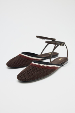 ZARA ПЛЕТЕНЫЕ БАЛЕТКИ БЕЗ ЗАДНИКОВ, КОРИЧНЕВЫЙ