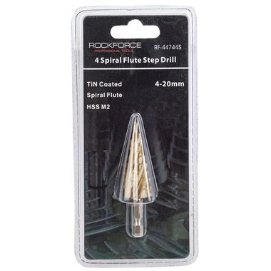 Сверло ступенчатое спиральное TIN HSS M2(4-20мм), в блистере RockForce##Rock FORCE RF-44744S