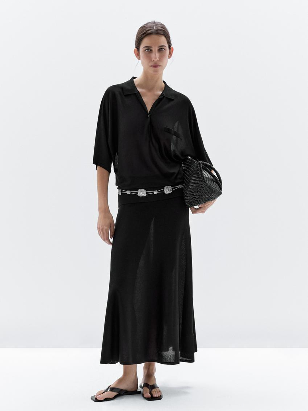 Massimo Dutti Свитер с рукавом «летучая мышь» и воротником-поло, черный