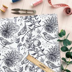 Ткань оксфорд 210 эскизные птицы с веткой граната