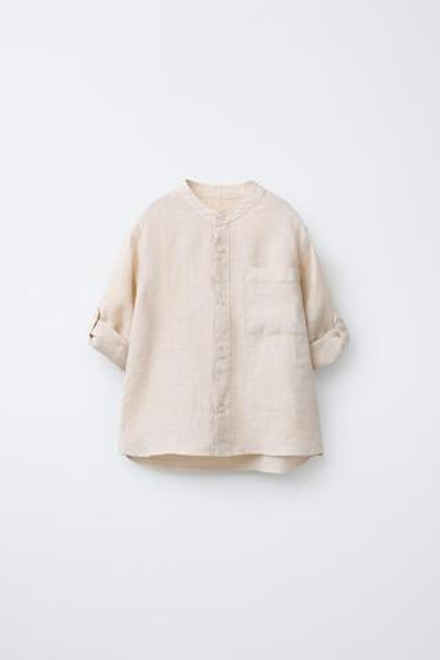ZARA РУБАШКА ИЗ 100% ЛЬНА С ВОРОТНИКОМ-СТОЙКОЙ, СВЕТЛО-БЕЖЕВЫЙ
