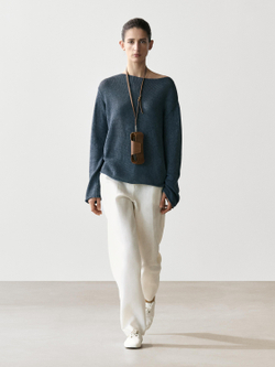 Massimo Dutti Свитер из смесового хлопка с ажурным узором, синий