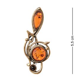 AM-1958 Брошь «Скрипичный ключ с нотами» (латунь, янтарь)
