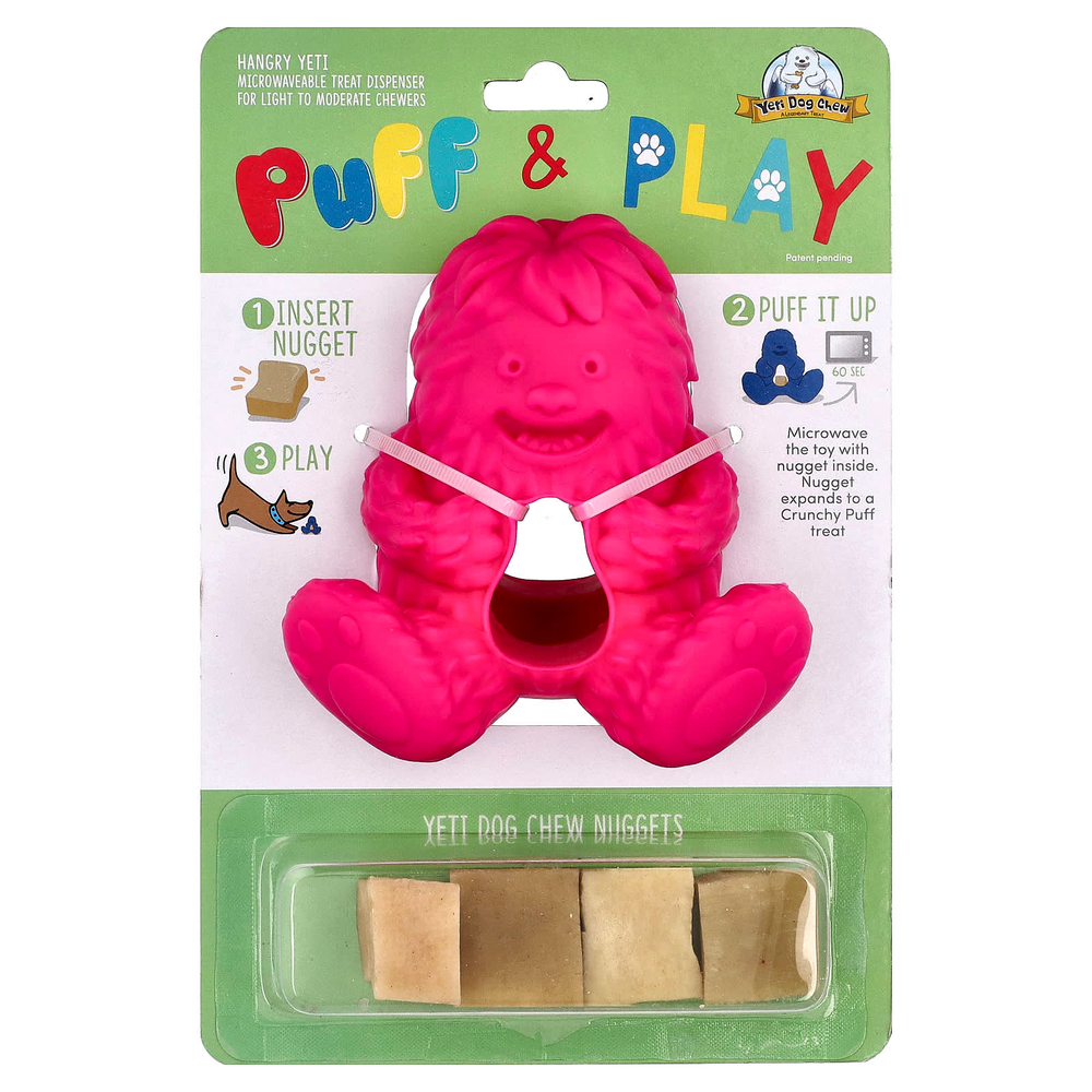 Yeti Dog Chew, Puff & Play, дозатор лакомств, жевательные таблетки для собак, йети, розовый, 4 жевательных конфеты, 1 дозатор