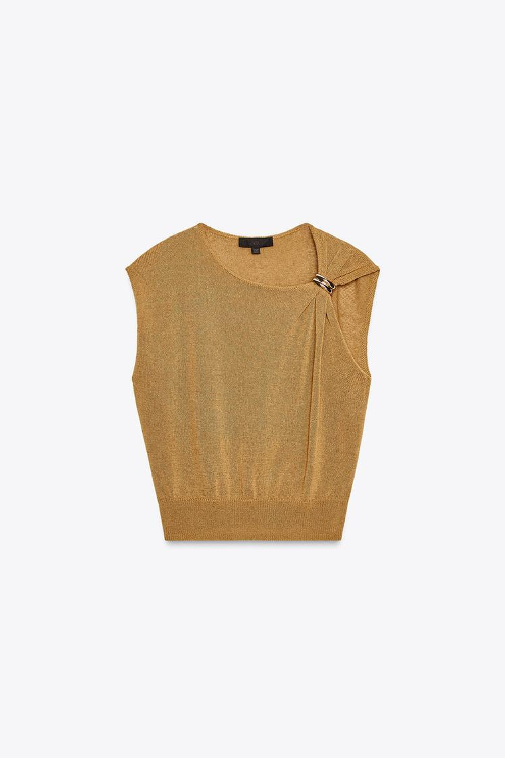 ZARA ТРИКОТАЖНЫЙ ТОП С ФУРНИТУРОЙ, ТЕМНО-СОЛОМЕННЫЙ