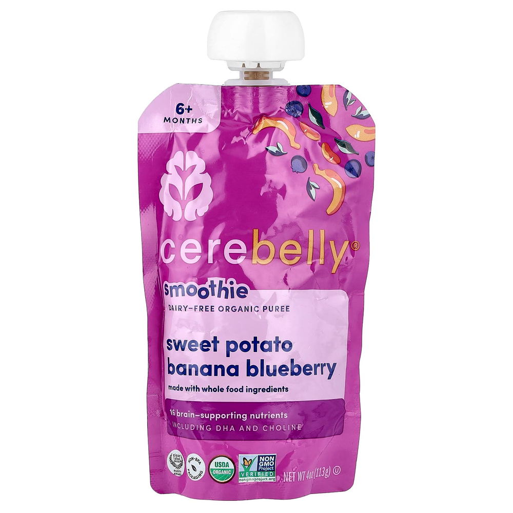 Cerebelly, смузи, органическое пюре без молочных продуктов, для детей от 6 месяцев, батат, банан и голубика, 6 паучей по 113 г (4 унции)