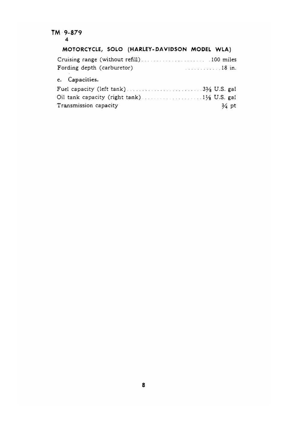 Motorcycle, Solo (Harley Davidson model WLA). Technical Manual TM 9-879 | War Department