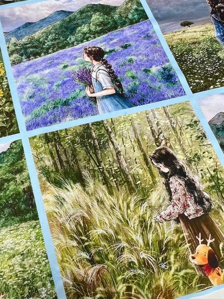 Девочка и песик с рожками AEPPOl , голубая клетка, 3 ряда, 100% хлопок 4