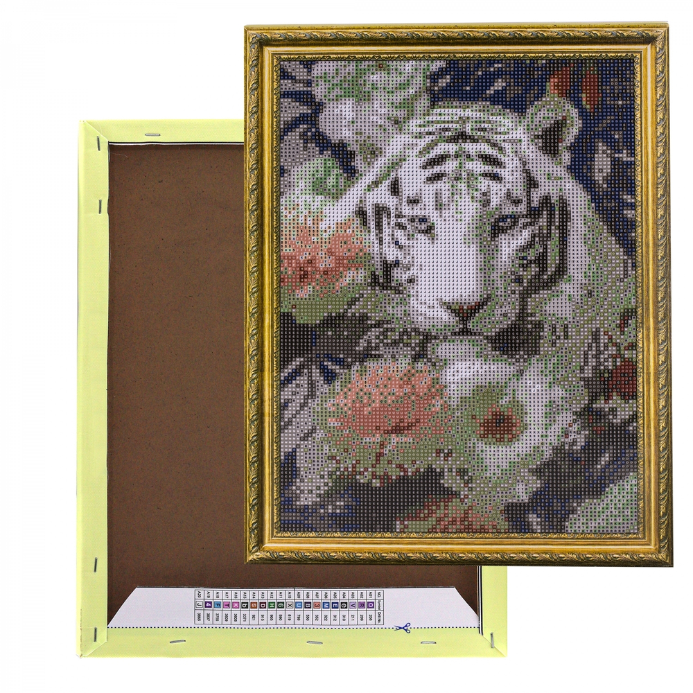 Алмазная мозаика Alingar, на подрамнике, с полным заполнением, (глянц) дизайн рамка, 30х40 см, 19 цветов, "Белый тигр"