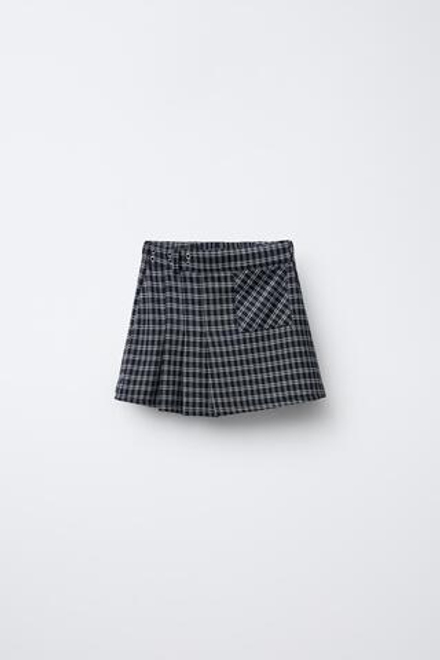 ZARA ЮБКА-ШОРТЫ В КЛЕТКУ СО СКЛАДКАМИ, МОРСКОЙ СИНИЙ