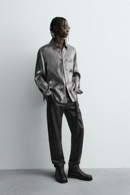 ZARA КОЖАНЫЕ БРЮКИ SLIM FIT, ЧЕРНЫЙ