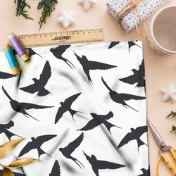 Ткань премиум бифлекс темные ласточки на белом