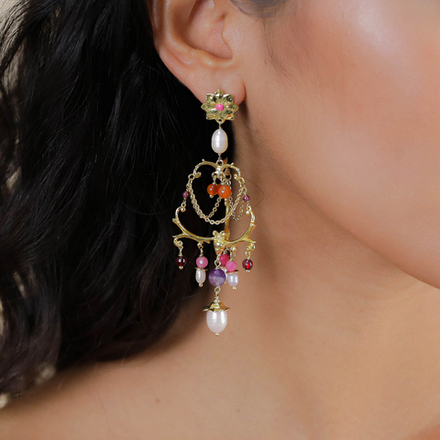 Серьги Franck Herval, Jeanne, с жемчугом, агатом, нефритом, гранатом, аметистом и цветной эмалью, FH