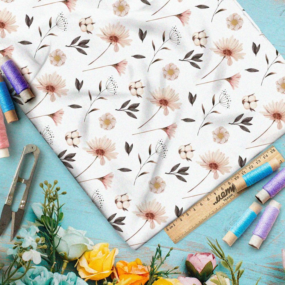 Ткань шелк Армани полевые розовые цветы на бежевом фоне