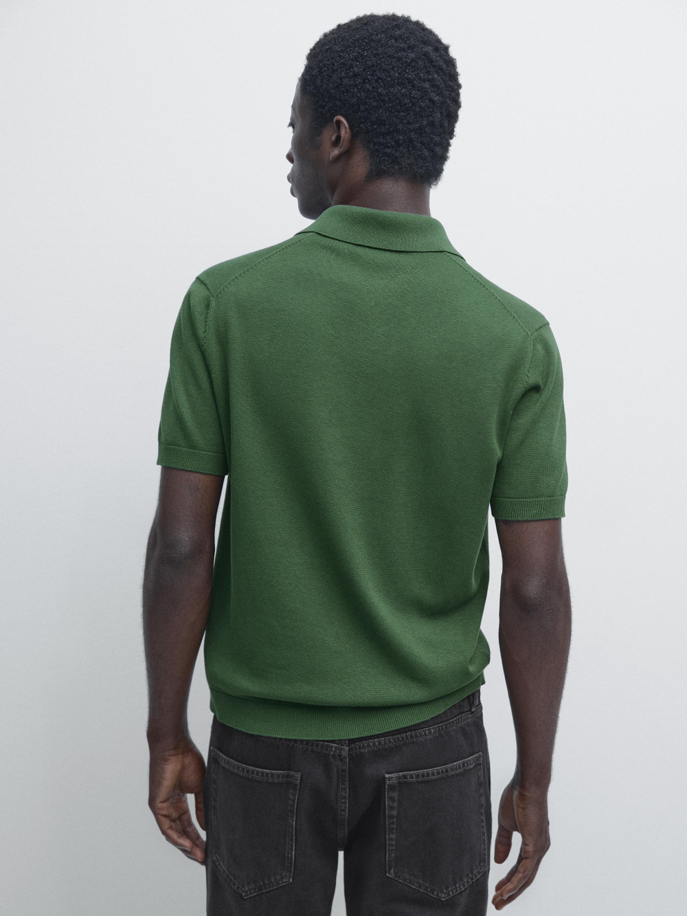 Massimo Dutti Трикотажный свитер из смесового хлопка с воротником-поло, утино-зеленый