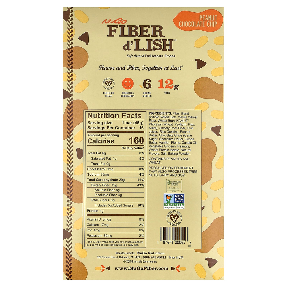 NuGo Nutrition, Fiber d'Lish®, арахис и шоколадная крошка, 16 батончиков по 45 г (1,6 унции)