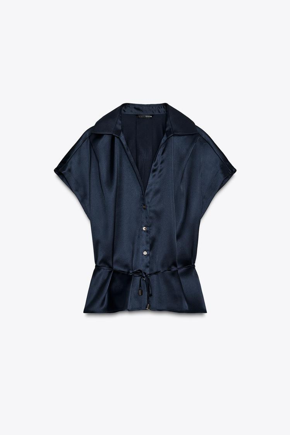 ZARA АТЛАСНАЯ РУБАШКА С ПОЯСОМ, МОРСКОЙ СИНИЙ