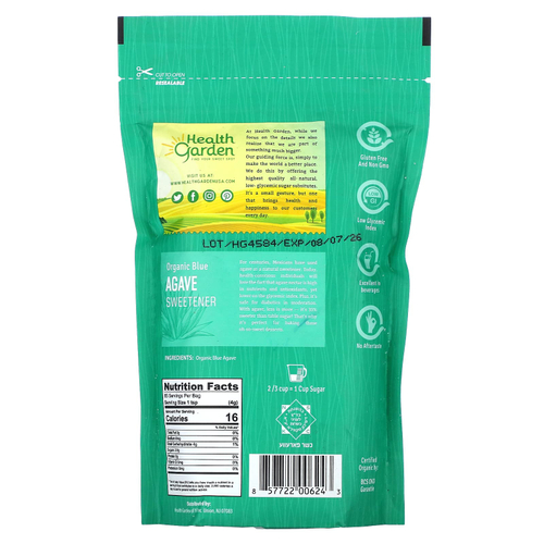 Health Garden, органический подсластитель с голубой агавой, 341 г (12 унций)