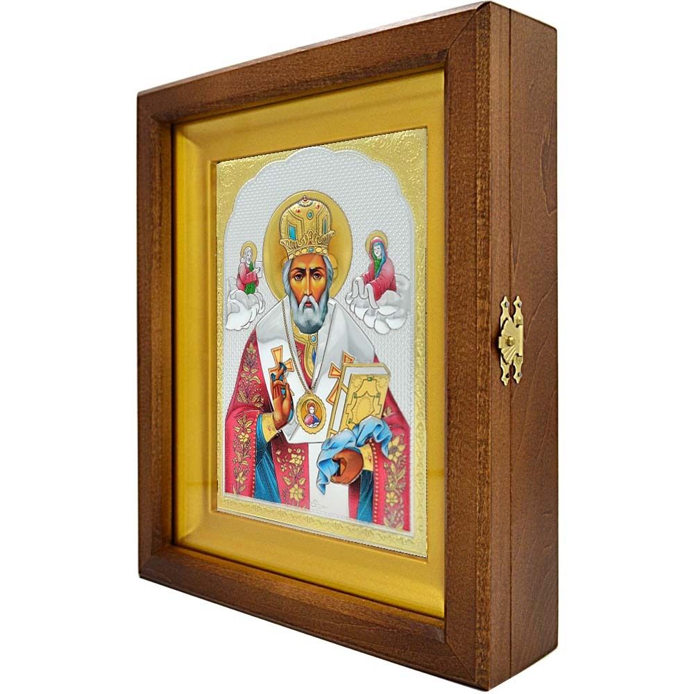 Николай Чудотворец с предстоящими. Икона в серебряном окладе в киоте