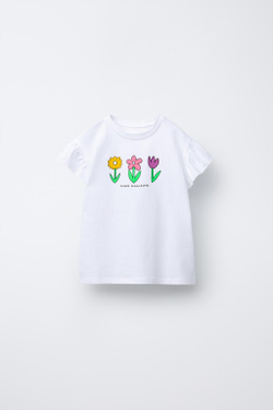 ZARA ФУТБОЛКА С ПРИНТОМ И ВОЛАНАМИ, ЖЕЛТОВАТО-БЕЛЫЙ