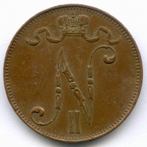 5 пенни 1911 год. Россия для Финляндии (Вензель Николая II). F-VF