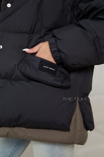 Женский черно-шоколадный многослойный пуховик