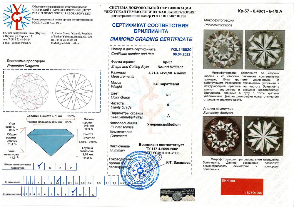 Бриллиант YGL146820 1Кр57-0,400-6.1/9А