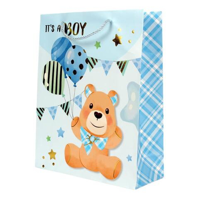 Пакет подарочный "Новорожденный" 26*32*10 см, ручки-шнурок, обработка - фольга, 4 цвета микс