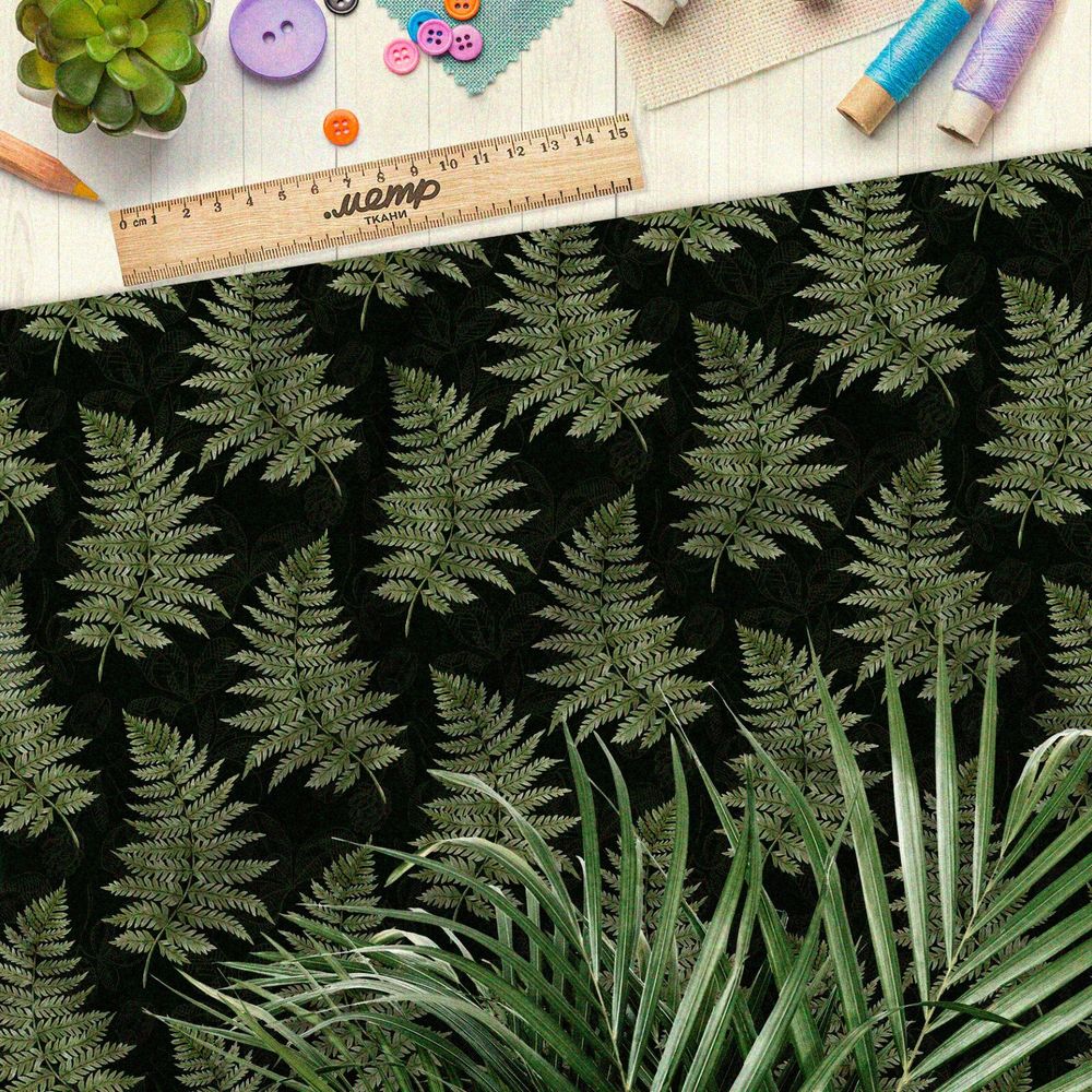 Ткань дюспо реалистичный папоротник на чёрном фоне