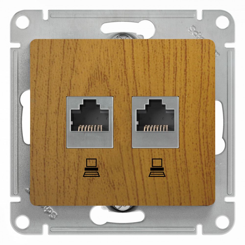 Schneider Electric Glossa Дерево Дуб Розетка 2-местная компьютерная RJ45+RJ45, категория 5E, механизм IP20 скрытая установка GSL000585KK