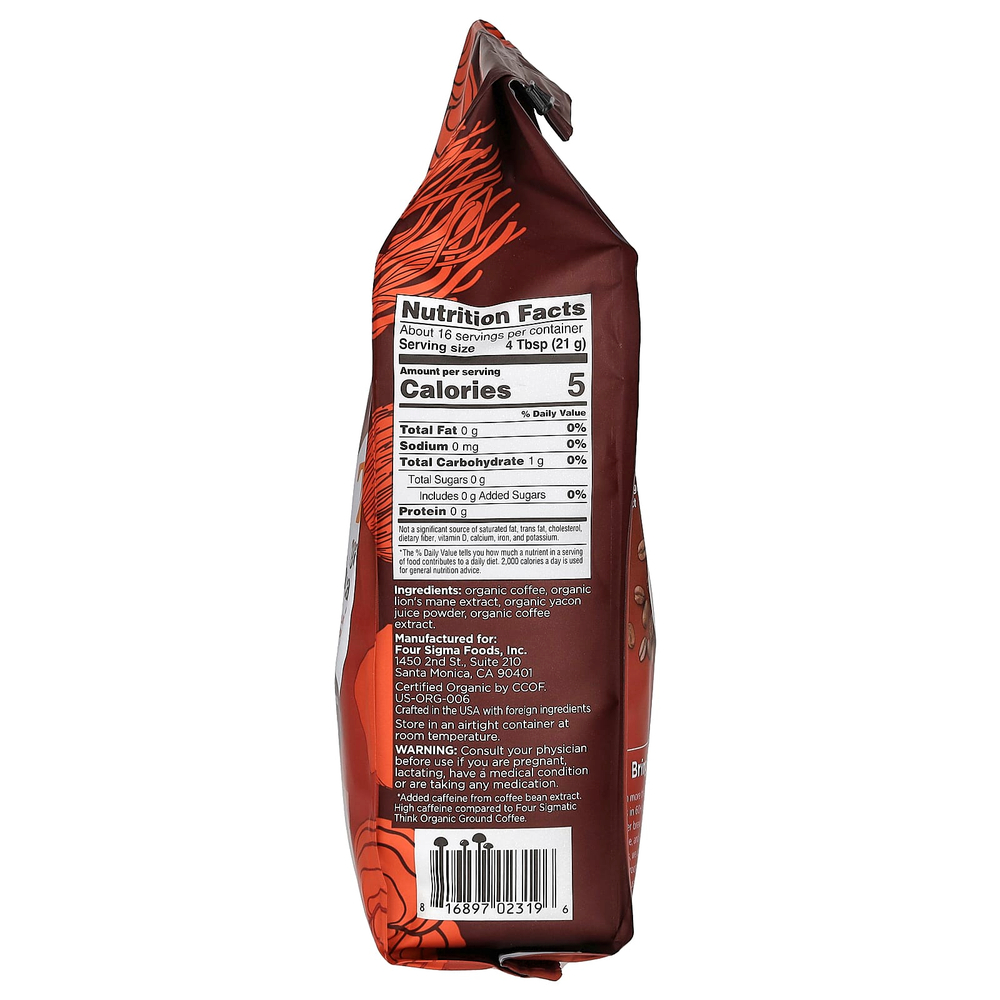 Four Sigmatic, Think, органический кофе с высоким содержанием кофеина, грибом ежовиком гребенчатым и яконом, молотый, темная обжарка, 340 г (12 унций)