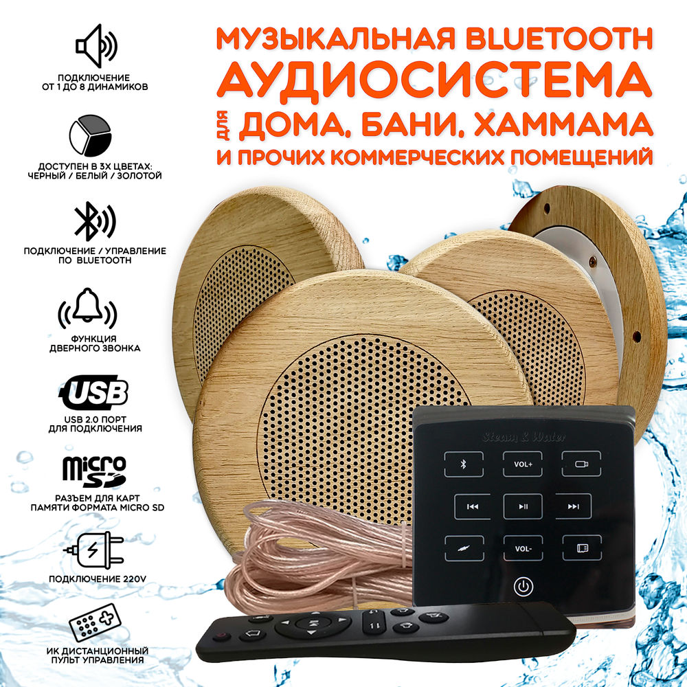 Комплект влагостойкой акустики для бани и сауны - SW4 Black ECO SAUNA (круглая решетка)