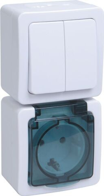 Блок вертикальный для открытой установки БВб-22-32-ГПБд (Выключатель 2-клавишный + розетка 1-местная с заземлением) IP54 ГЕРМЕС PLUS (белый/дымчатый) IEK